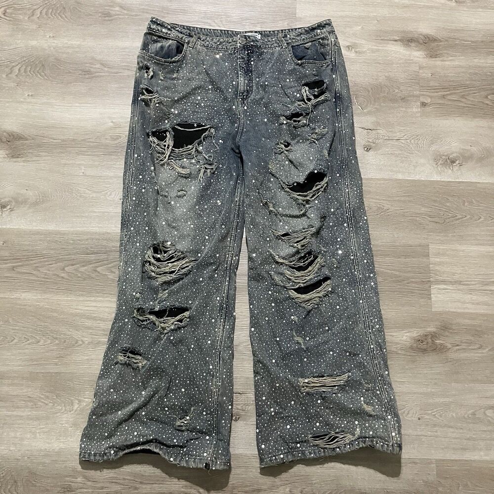 Vale Sports Division Mens Sz 38 Blue Denim Jeans Straight Distressed Rhinestone